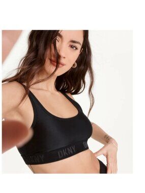 DKNY Scoop Neck Logo Bikini Swim Top Black ( L )